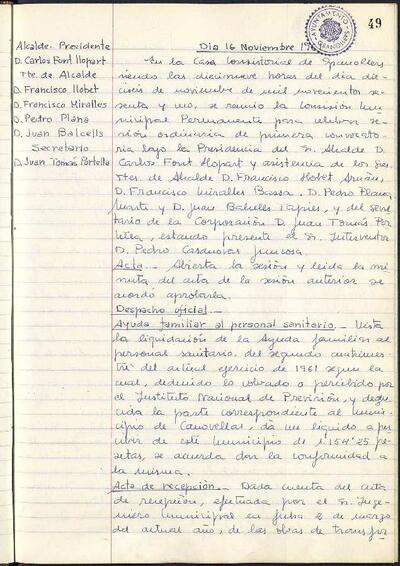 Actes de la Comissió Municipal Permanent, 16/11/1961, Sessió ordinària [Acta]