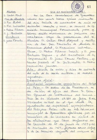 Actes de la Comissió Municipal Permanent, 30/11/1961, Sessió ordinària [Acta]