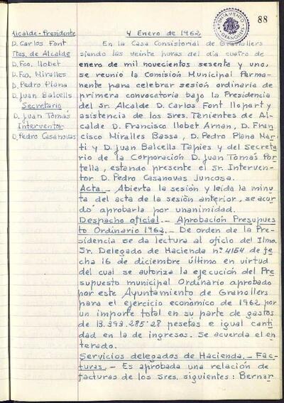 Actes de la Comissió Municipal Permanent, 4/1/1962, Sessió ordinària [Acta]