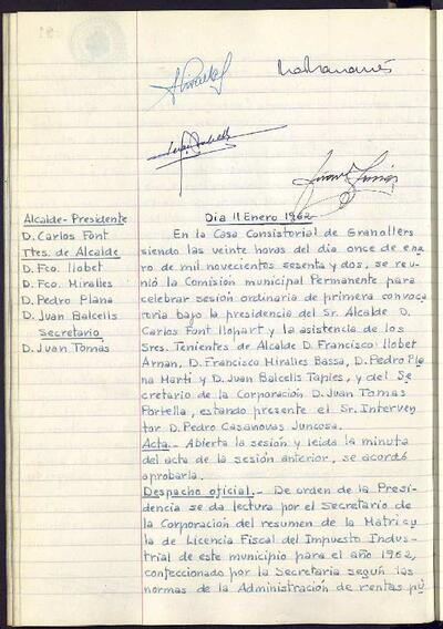 Actes de la Comissió Municipal Permanent, 11/1/1962, Sessió ordinària [Acta]