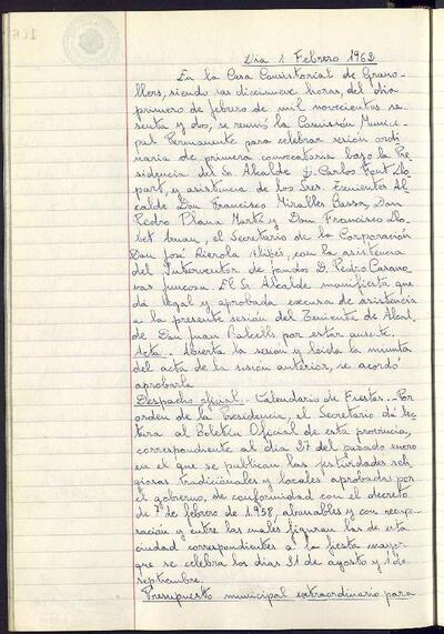 Actes de la Comissió Municipal Permanent, 1/2/1962, Sessió ordinària [Acta]