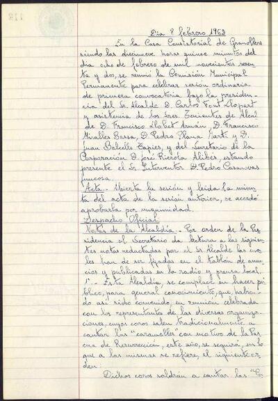 Actes de la Comissió Municipal Permanent, 8/2/1962, Sessió ordinària [Acta]