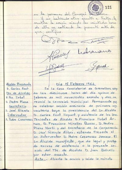 Actes de la Comissió Municipal Permanent, 15/2/1962, Sessió ordinària [Acta]