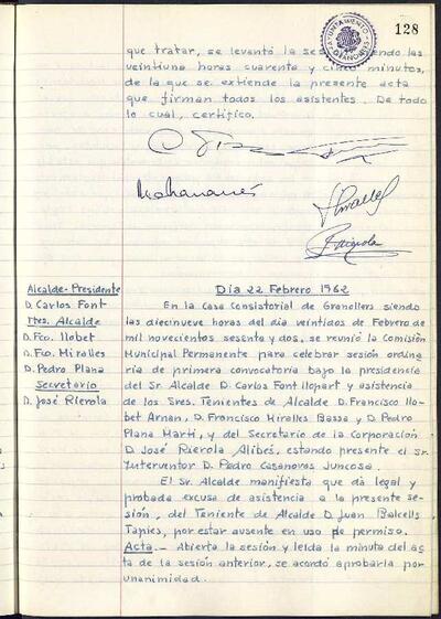 Actes de la Comissió Municipal Permanent, 22/2/1962, Sessió ordinària [Acta]