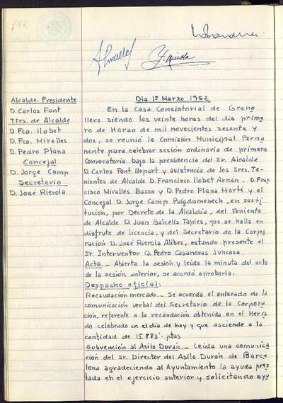 Actes de la Comissió Municipal Permanent, 1/3/1962, Sessió ordinària [Acta]