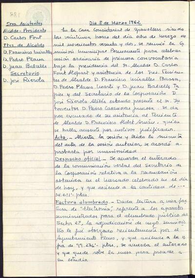 Actes de la Comissió Municipal Permanent, 8/3/1962, Sessió ordinària [Acta]