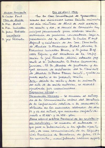 Actes de la Comissió Municipal Permanent, 26/4/1962, Sessió ordinària [Acta]