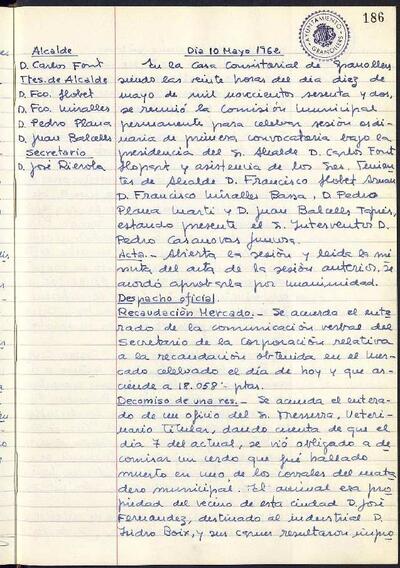 Actes de la Comissió Municipal Permanent, 10/5/1962, Sessió ordinària [Minutes]