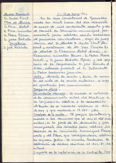 Actes de la Comissió Municipal Permanent, 17/5/1962, Sessió ordinària [Minutes]