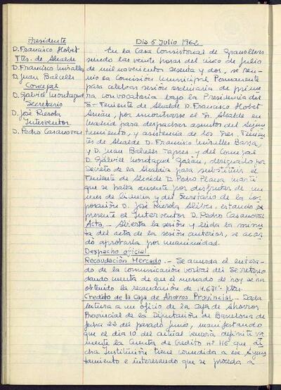 Actes de la Comissió Municipal Permanent, 5/7/1962, Sessió ordinària [Acta]