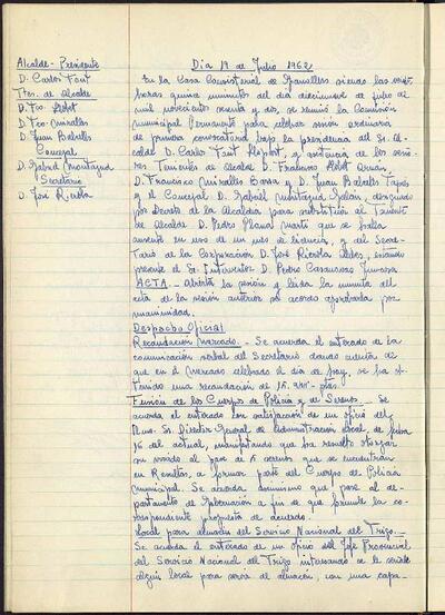 Actes de la Comissió Municipal Permanent, 19/7/1962, Sessió ordinària [Acta]