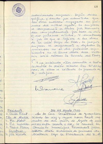 Actes de la Comissió Municipal Permanent, 23/8/1962, Sessió ordinària [Acta]