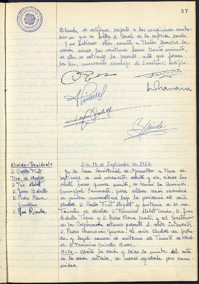 Actes de la Comissió Municipal Permanent, 13/9/1962, Sessió ordinària [Acta]