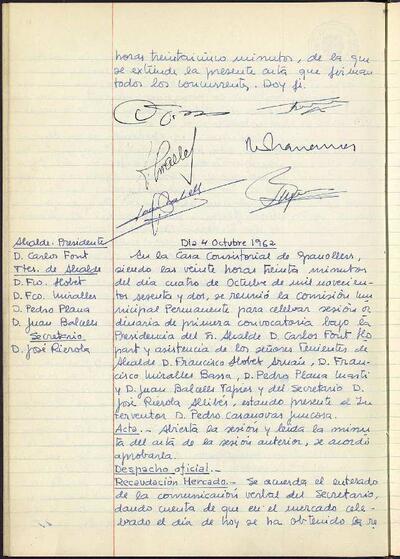 Actes de la Comissió Municipal Permanent, 4/10/1962, Sessió ordinària [Minutes]