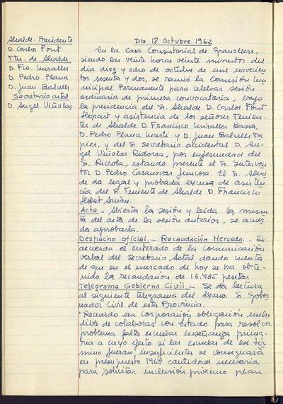 Actes de la Comissió Municipal Permanent, 18/10/1962, Sessió ordinària [Acta]