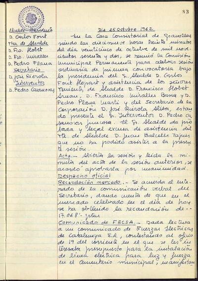 Actes de la Comissió Municipal Permanent, 25/10/1962, Sessió ordinària [Acta]