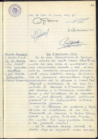 Actes de la Comissió Municipal Permanent, 8/11/1962, Sessió ordinària [Acta]