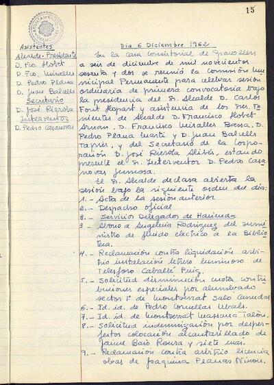 Actes de la Comissió Municipal Permanent, 6/12/1962, Sessió ordinària [Minutes]