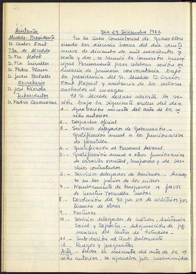 Actes de la Comissió Municipal Permanent, 29/12/1962, Sessió ordinària [Acta]