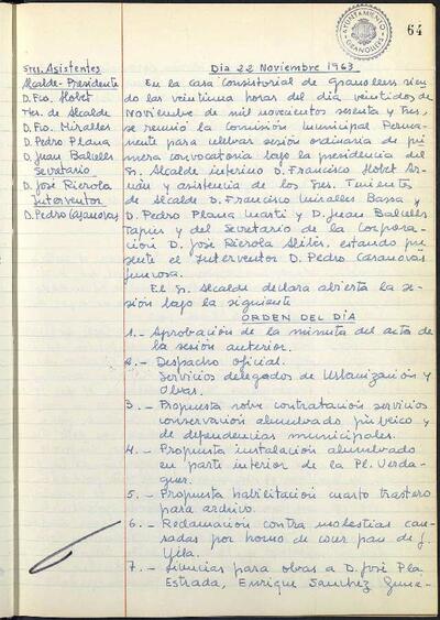 Actes de la Comissió Municipal Permanent, 22/11/1963, Sessió ordinària [Acta]