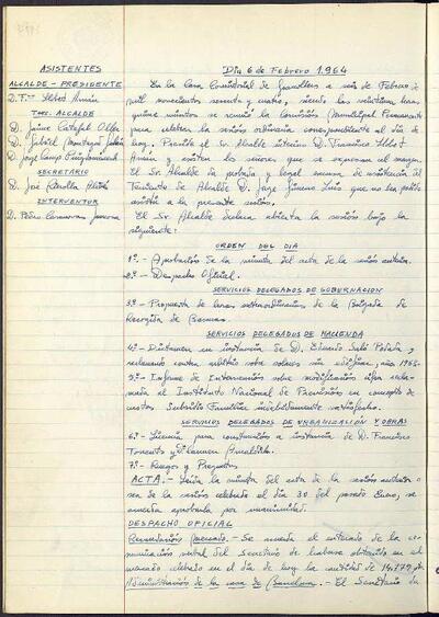 Actes de la Comissió Municipal Permanent, 6/2/1964, Sessió ordinària [Minutes]