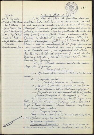 Actes de la Comissió Municipal Permanent, 9/4/1964, Sessió ordinària [Acta]