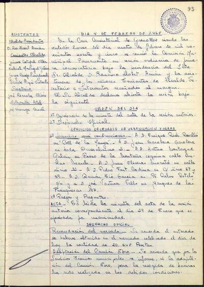 Actes de la Comissió Municipal Permanent, 4/2/1965, Sessió ordinària [Acta]