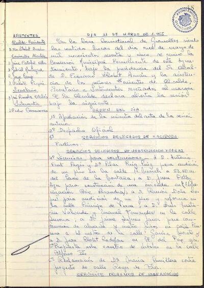 Actes de la Comissió Municipal Permanent, 11/3/1965, Sessió ordinària [Acta]