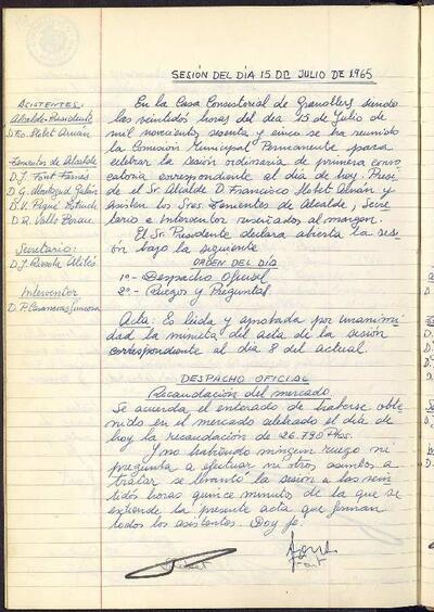 Actes de la Comissió Municipal Permanent, 15/7/1965, Sessió ordinària [Acta]