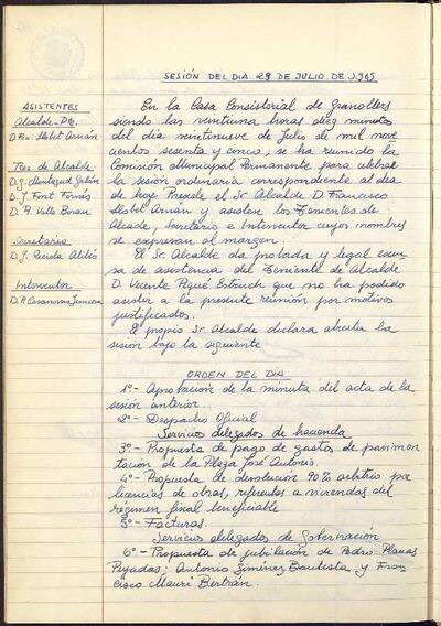 Actes de la Comissió Municipal Permanent, 29/7/1965, Sessió ordinària [Acta]