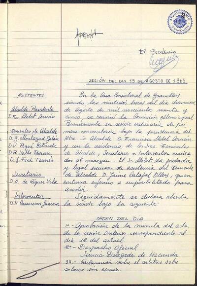 Actes de la Comissió Municipal Permanent, 19/8/1965, Sessió ordinària [Minutes]