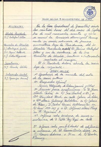 Actes de la Comissió Municipal Permanent, 9/9/1965, Sessió ordinària [Acta]