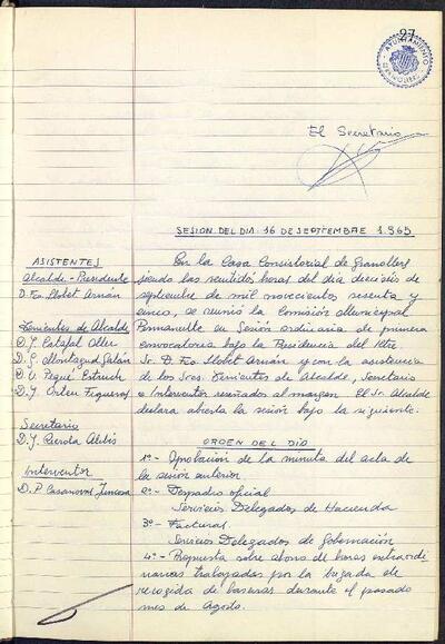 Actes de la Comissió Municipal Permanent, 16/9/1965, Sessió ordinària [Minutes]