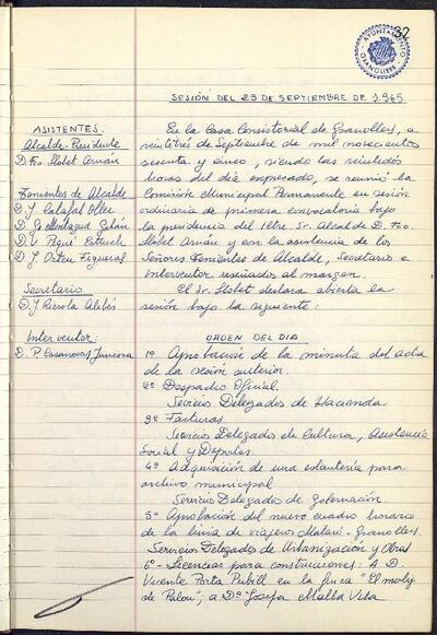 Actes de la Comissió Municipal Permanent, 23/9/1965, Sessió ordinària [Acta]