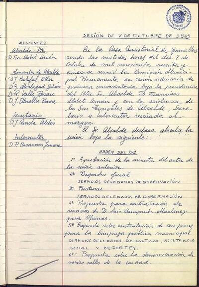 Actes de la Comissió Municipal Permanent, 7/10/1965, Sessió ordinària [Acta]