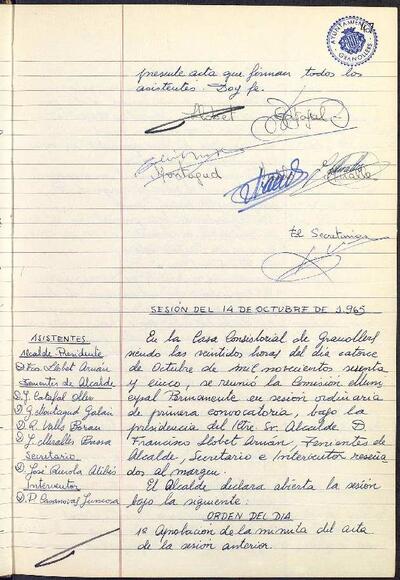 Actes de la Comissió Municipal Permanent, 14/10/1965, Sessió ordinària [Acta]