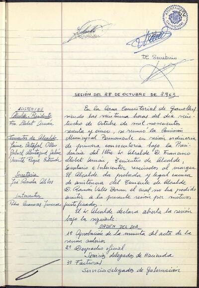 Actes de la Comissió Municipal Permanent, 28/10/1965, Sessió ordinària [Acta]