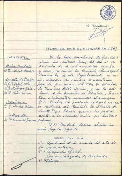 Actes de la Comissió Municipal Permanent, 11/11/1965, Sessió ordinària [Acta]