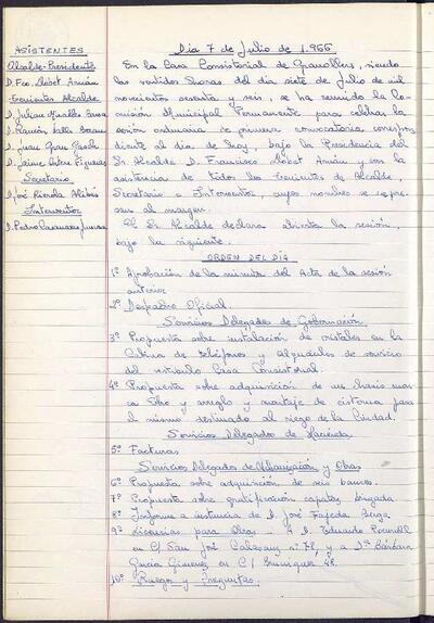 Actes de la Comissió Municipal Permanent, 7/7/1966, Sessió ordinària [Acta]