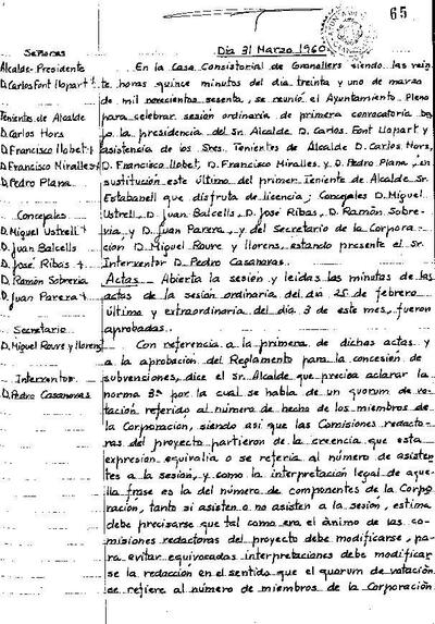 Actes del Ple Municipal, 31/3/1960, Sessió ordinària [Acta]