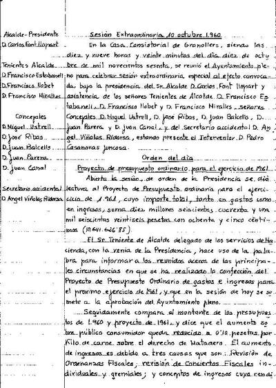 Actes del Ple Municipal, 10/10/1960, Sessió ordinària [Acta]