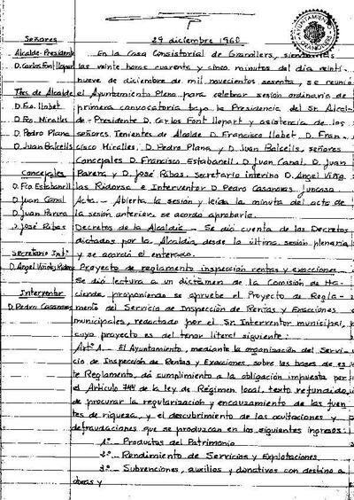 Actes del Ple Municipal, 29/12/1960, Sessió ordinària [Acta]