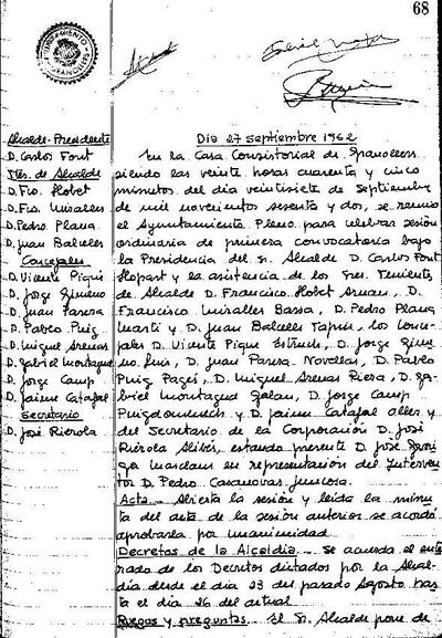 Actes del Ple Municipal, 27/9/1962, Sessió ordinària [Acta]