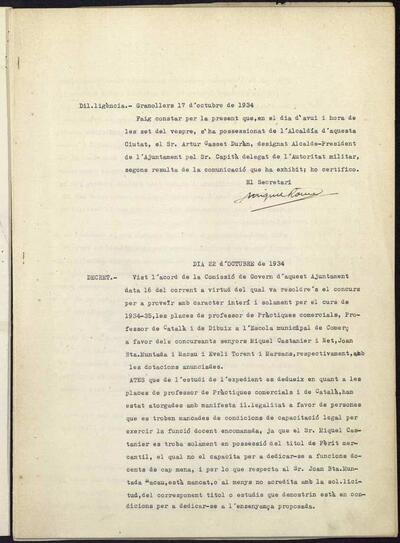 Decrets i Resolucions, 22/10/1934, Sessió ordinària [Acta]