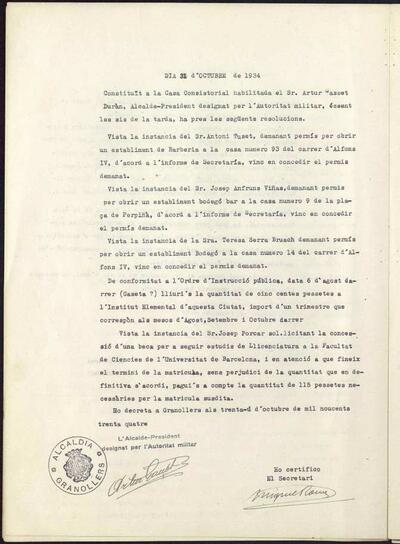 Decrets i Resolucions, 31/10/1934, Sessió ordinària [Acta]