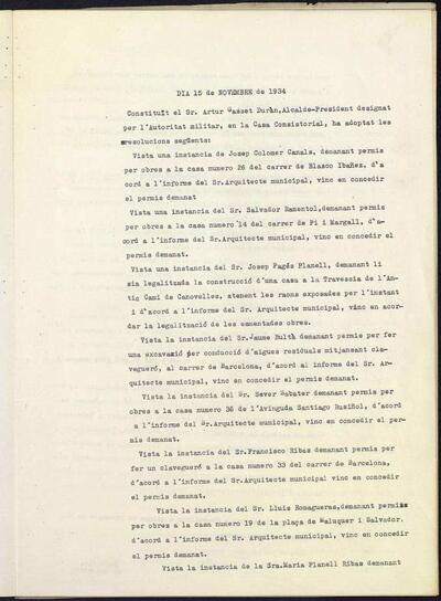 Decrets i Resolucions, 15/11/1934, Sessió ordinària [Acta]