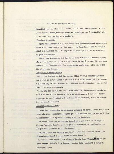 Decrets i Resolucions, 22/11/1934, Sessió ordinària [Acta]