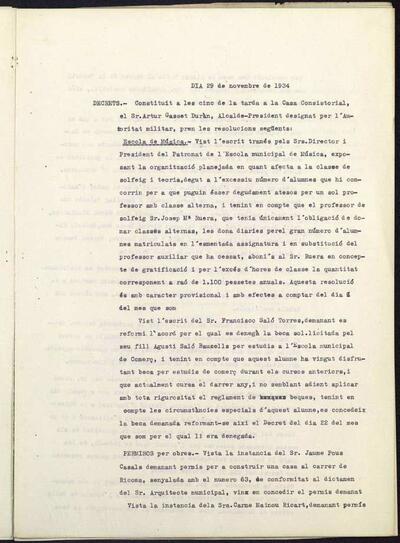 Decrets i Resolucions, 29/11/1934, Sessió ordinària [Minutes]