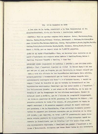 Decrets i Resolucions, 13/12/1934, Sessió ordinària [Acta]