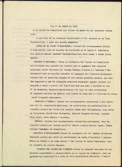 Decrets i Resolucions, 17/1/1935, Sessió ordinària [Minutes]